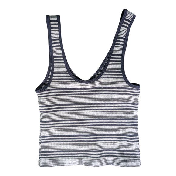 Y2K Navy White Striped Ribbed Knit Tank Top V Neck Cropped Shirt Full Tilt - Picture 2 of 6